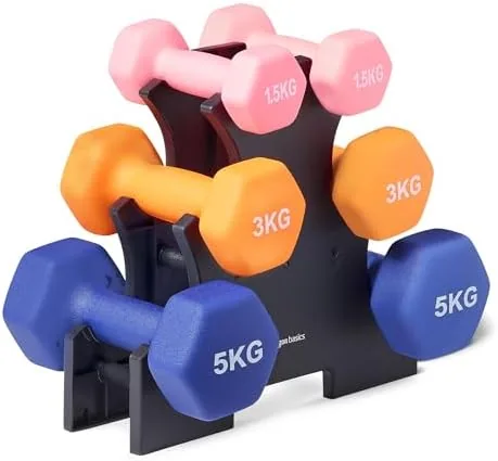 Amazon Basics — Set de mancuernas de neopreno con soporte (1,5 / 3 / 5 kg)